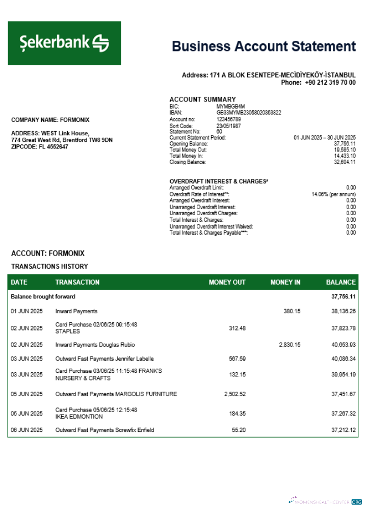 Download Turkish Sekerbank firm checking account statement Word and PDF template Photoshop template